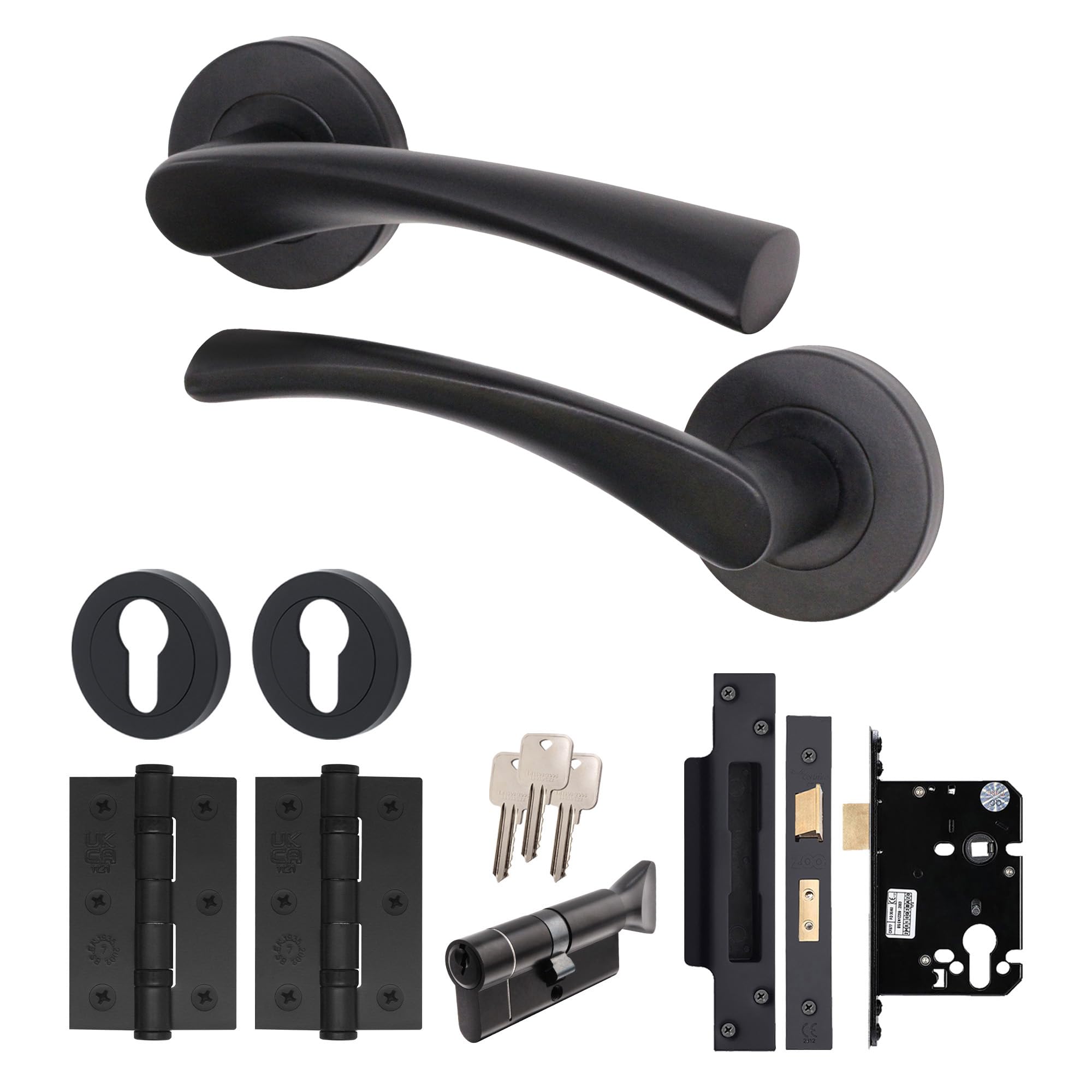 Eai Matt Black Black Door Handle Euro Lock And Thumbturn Cylinder Set, Internal Door Handle With Locks And Hinges - 1 Pack Novoli Range