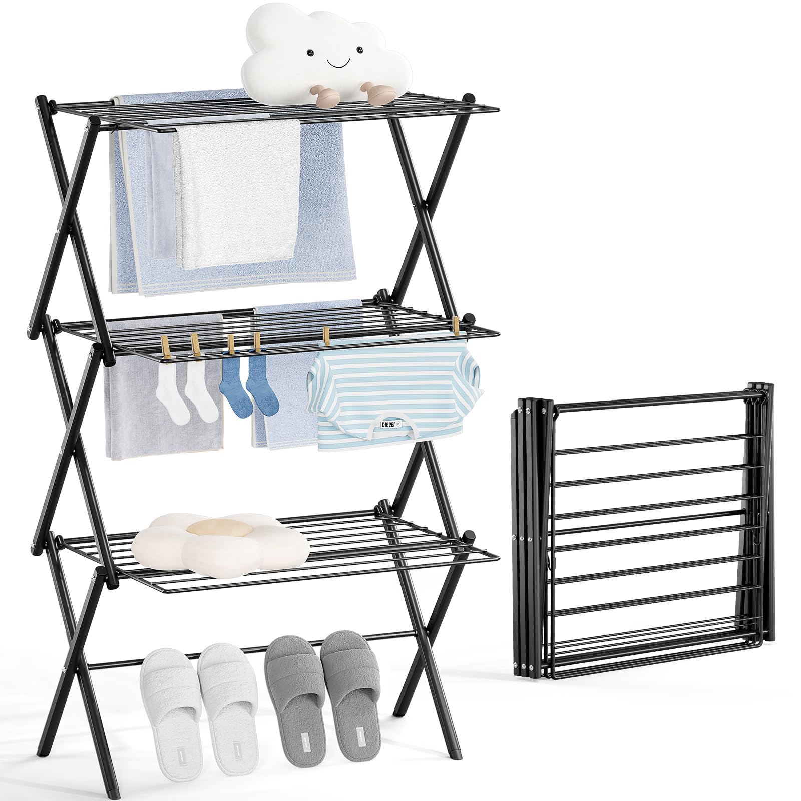 KINGBOARD Support de séchage des vêtements, étendoir à linge pliable, séchoir à vêtements à 3 niveaux, séchoir à pull pliable, pour intérieur et extérieur, Noir