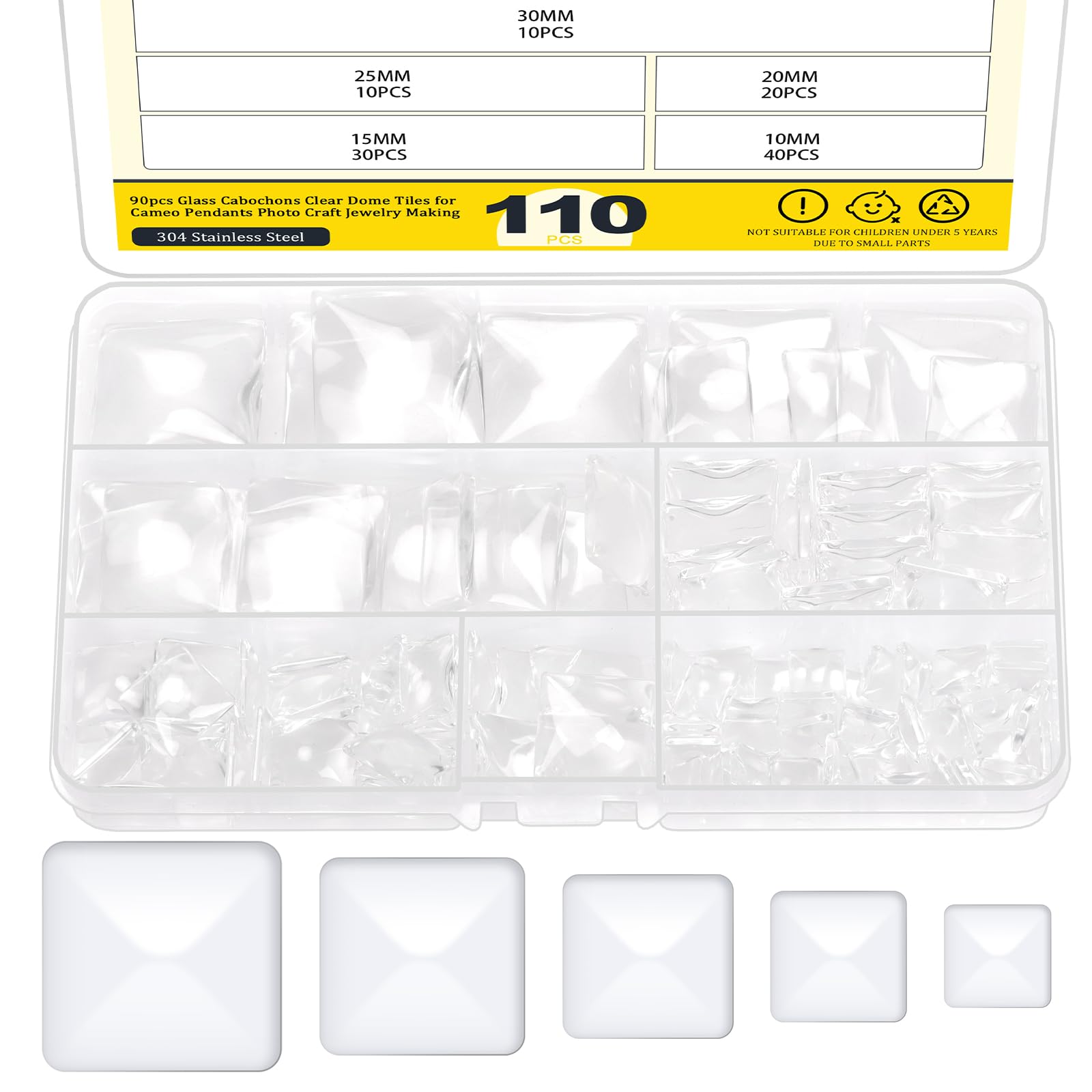 Hilitchi 110-Piece Square Glass Dome Tiles Kit – 5 Sizes (10mm To 30mm) Clear Cabochons For DIY Jewelry & Crafts - View #12