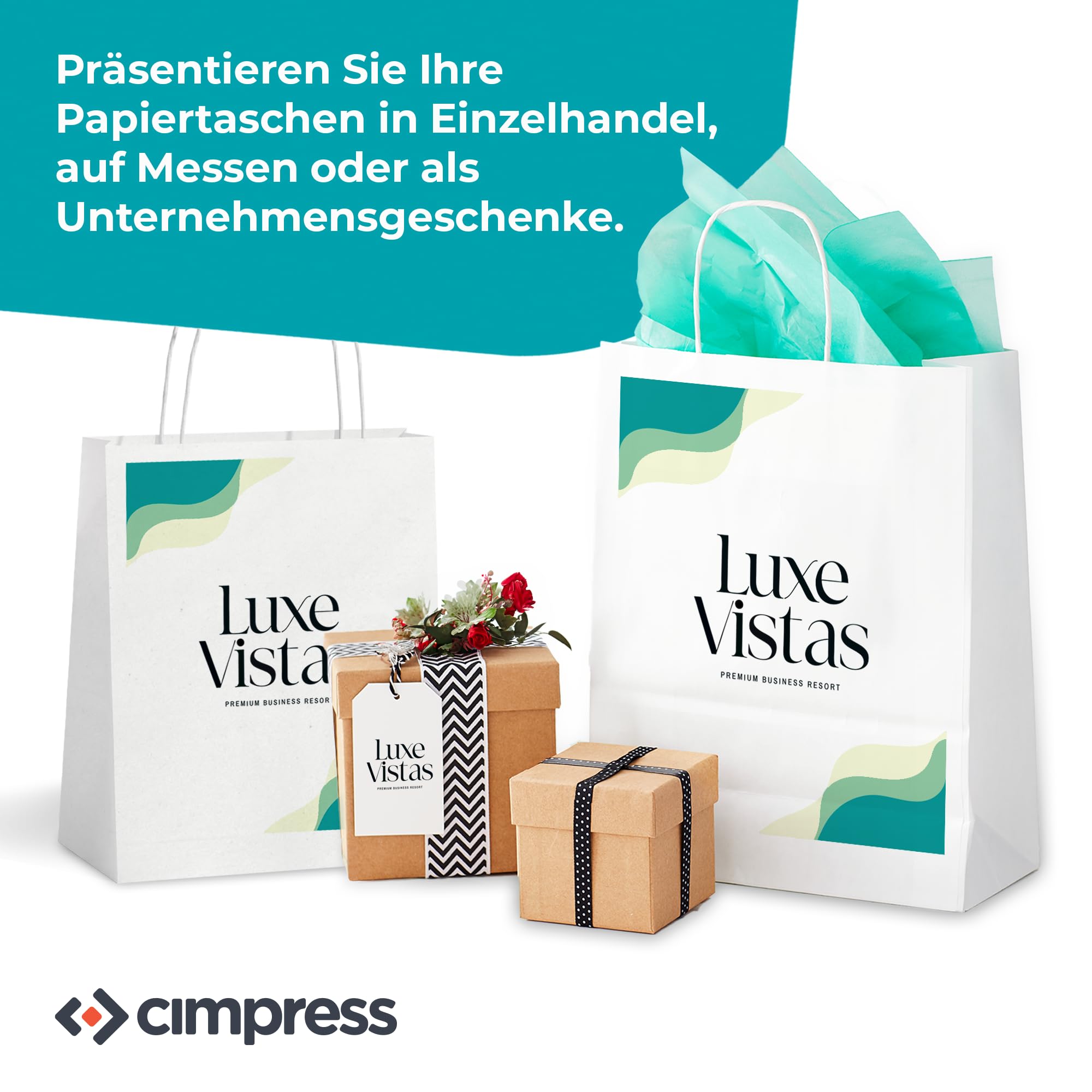 Cimpress Personalisierte Papiertüten mit Henkel weiß, Foto, Logo oder Text hinzufügen, 22 × 30 cm Dezenter Aufdruck, 250 Stück, Kraft-Geschenktüten für Einzelhandel, Boutiquen, Geburtstage, Hochzeiten
