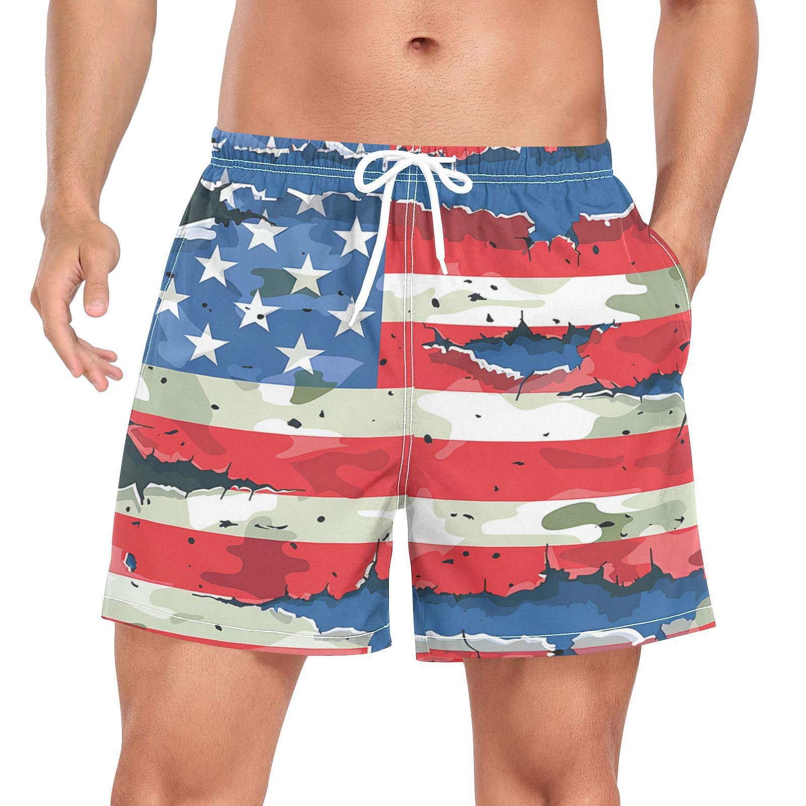 Wzzzsun Camouflage American Star Stripes Mens Swimming Trunks Shorts with Compression Liner Stretchy
