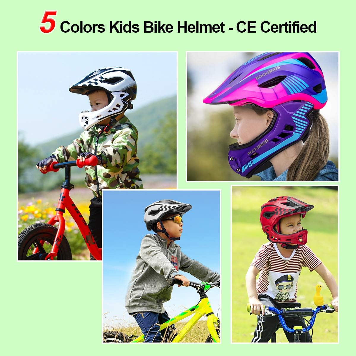 ROCKBROS Kids Full Face Helmet Kids Bike Helmets Lightweight Toddler Mountain Bike Helmet Detachable for MTB BMX Skating Cycling Scooter Safety Bicycle Helmets for Youth Child Boys Girls Ages 3-16