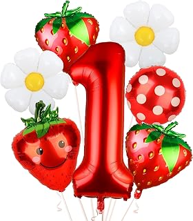 NANAGALI 7Pcs Berry First Party Decorations, 40" Red One Balloon for First Birthday Decorations Sweet One Strawberry 1st Berry First Birthday Decor Foil Helium Balloons for Girls