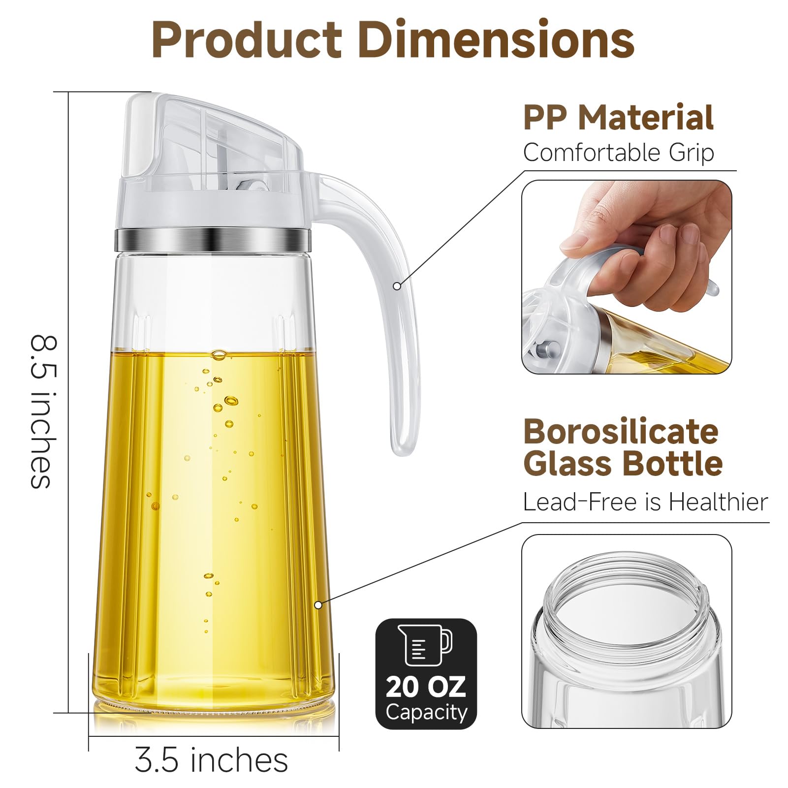 Bottiglia dispenser per olio d'oliva con chiusura automatica, 567 g, contenitore per condimenti a prova di perdite, con tappo e tappo automatico, beccuccio antigoccia, manico antiscivolo per cucina