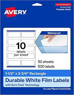 Avery Printable Durable White Rectangle Labels, Sure Feed Technology, 1.5" x 3.75", Print-to-the-Edge, Waterproof Labels, Laser & Pigment-Based Inkjet Compatible, 500 Total