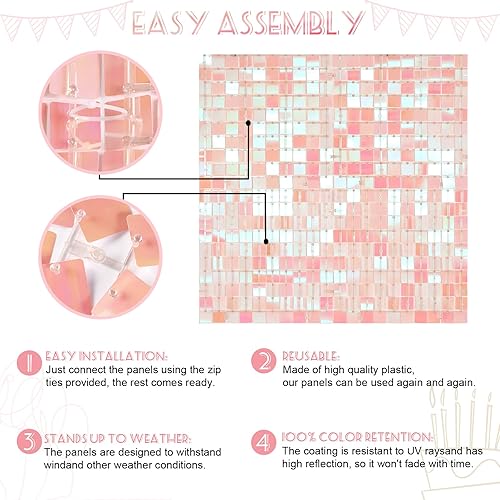 Miniatura 5 de Telón de fondo de pared con lentejuelas brillantes de color rosa, 24 paneles de fondo de fotos para bodas, despedidas de soltera, decoraciones de