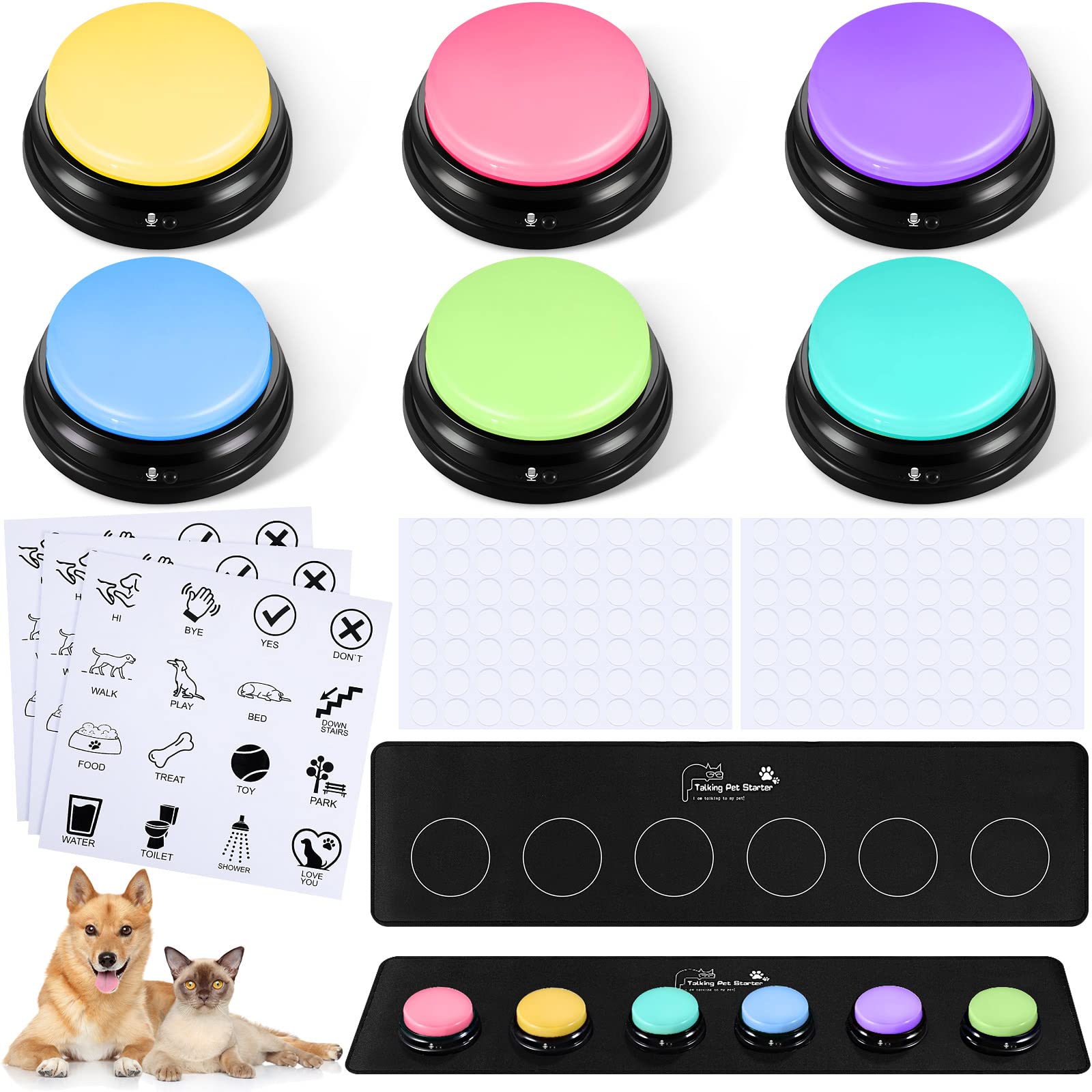 Photo 1 of 6 Pcs Dog Buttons for Communication Talking Button 20 Seconds Recordable Answer Buzzer with Thicken Mat and 3 Stickers Voice Sound Recording Button for Cat PET Speech Training Gift (Macaron Color)