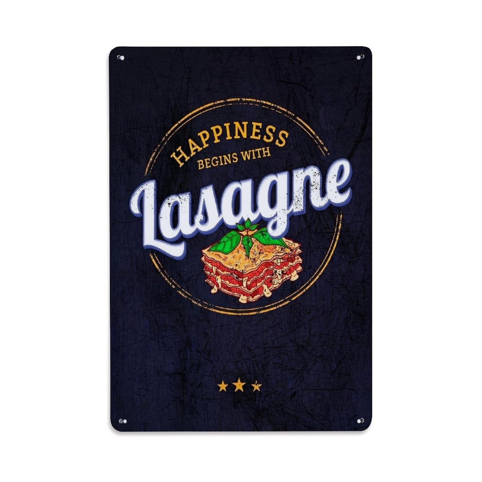 Jdfenggu Vintage Happiness Begins With Lasagne Retro Metal Tin Sign, Decor Art Poster For Bar, Home, Man Cave, Kitchen, Laundry Room Gift 8X12inch