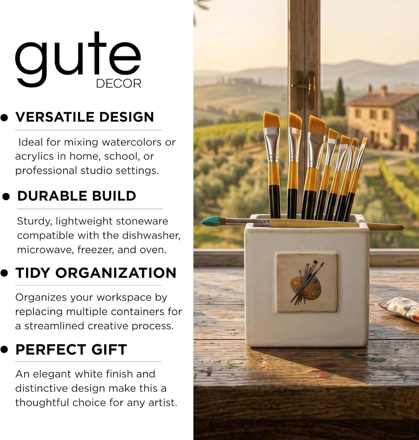 GUTE Painters Artist Paint Brush Holder & Cleaner - 3.5" H 3" W Gift Mixing Cup, Elegant Painting Cup Supplies for Children & Adults, Arts & Crafts Supplies for Home (White) image 4