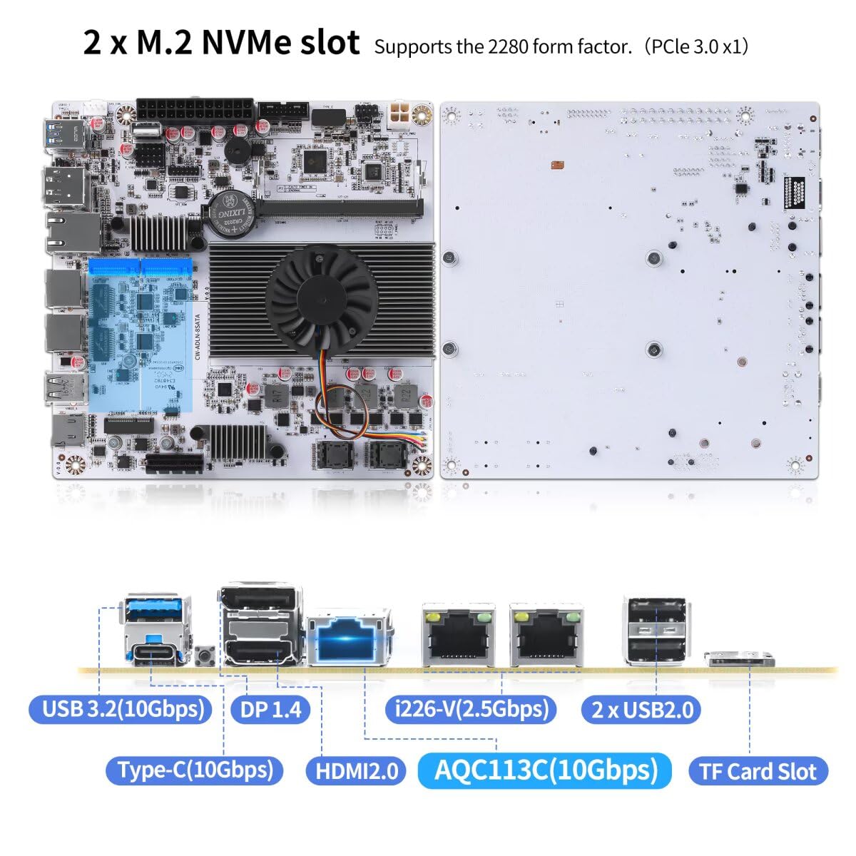 10G NAS Motherboard N150 8 Bay, M8 Mini ITX Mainboard(N100 Update) 2xM.2 NVMe DDR5 No RAM No SSD, Firewall Dual 2.5gbit LAN, M.2 WiFi, PCIEx1, USB C, TF Slot with 2xSFF-8643 Cable