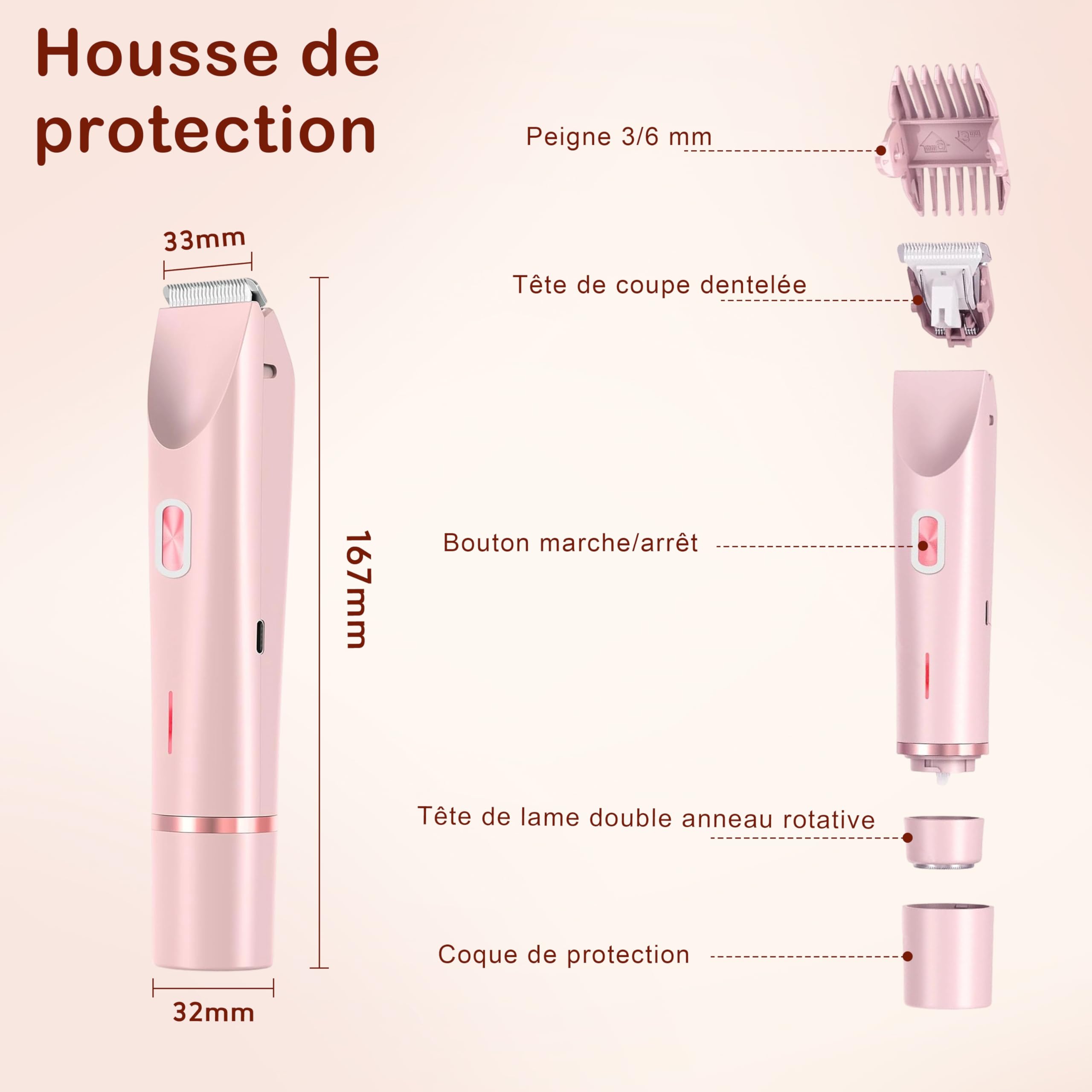 Rasoir Klyne Femme, Klyne Tondeuse À Double Tête Femme pour Tondeuse Intime & Sourcils, Recharge Usb, Étanche IPX7, Électrique Rasoir Femme pour Bikini, Aisselles, Jambes et Nez