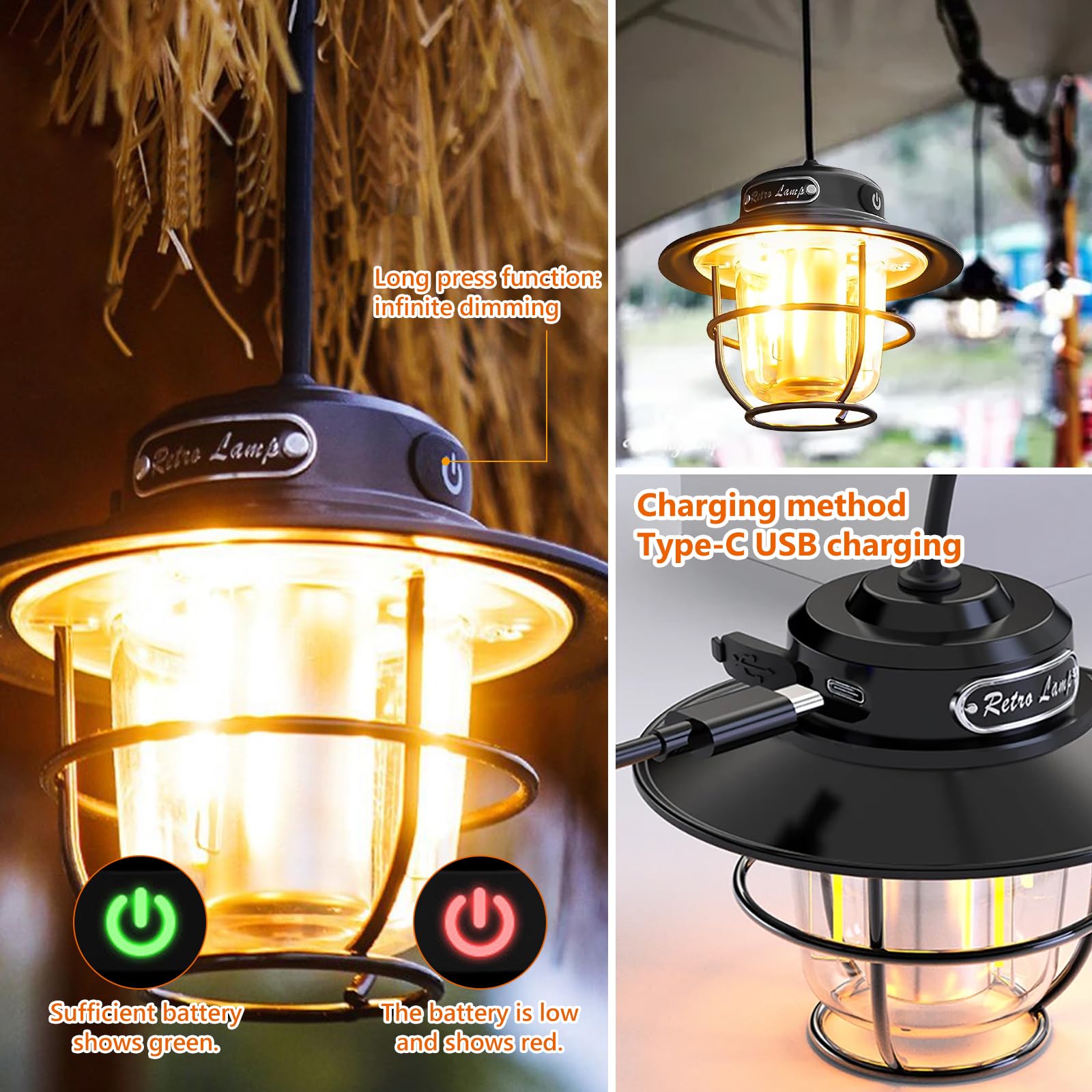 Lampa kempingowa LED, przenośna lampa kempingowa, ładowana, USB do zawieszenia, bezstopniowa regulacja natężenia światła 1300-6500 K, lampa wisząca w stylu retro, lampa kempingowa IPX4, wodoszczelna w