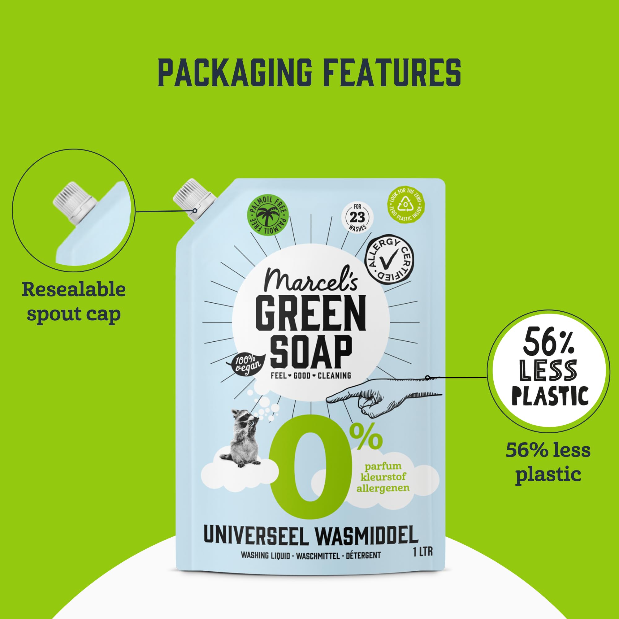 Marcel's Green Soap Recharge de liquide de lavage 0 % - Certifié hypoallergénique - Détergent à lessive - Sans microplastique et huile de palme - Végétalien - 95 % biodégradable - 4 L, 1 L (lot de 4)