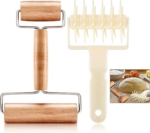 Mudder Juego de 2 piezas de rodillo de masa de pizza, rodillo de plástico para pastelería con pinchos, rodillo de madera antiadherente para