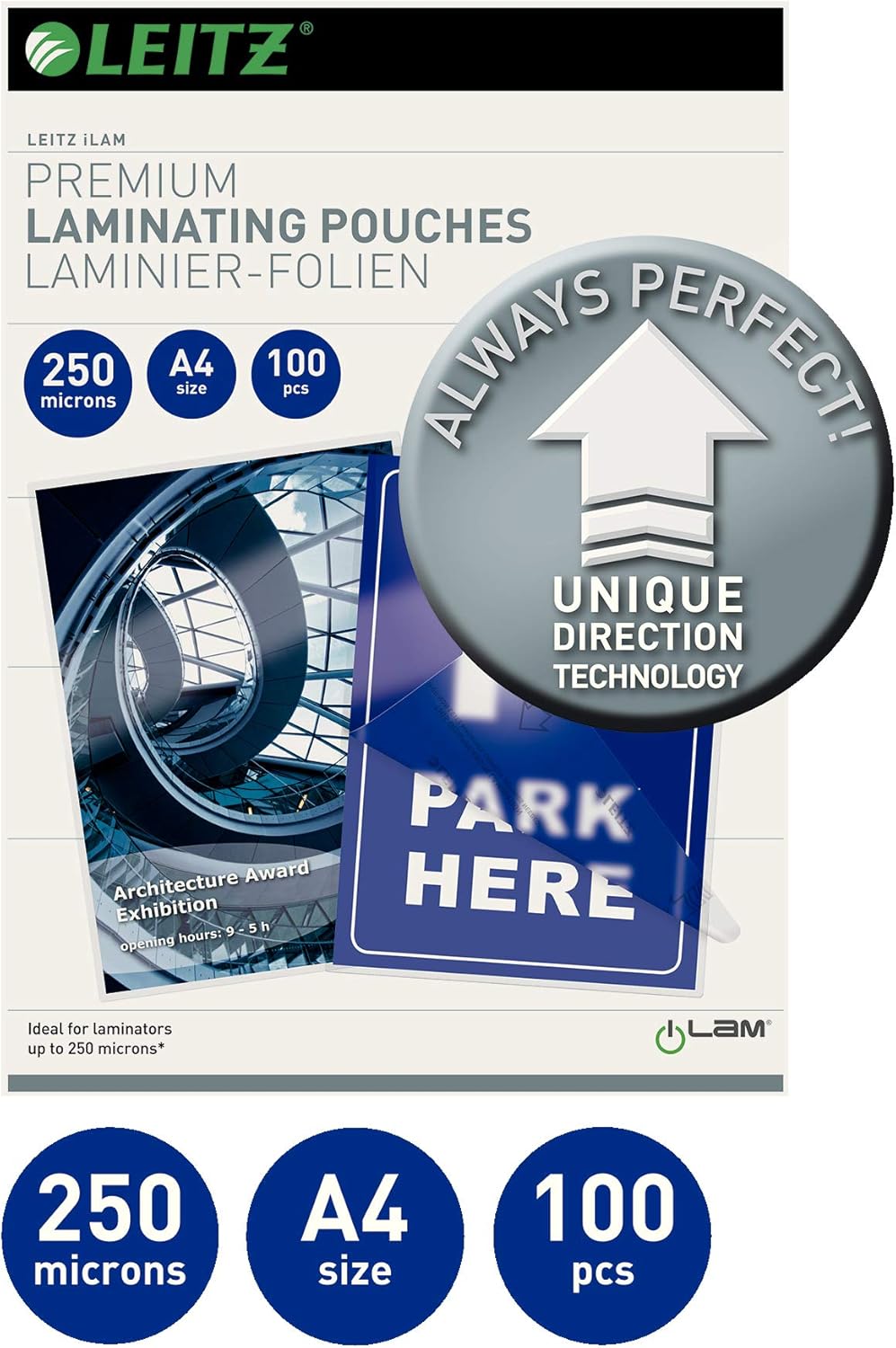 Leitz 74840000 Laminating Pouches Made of 250 Micron Thick Material (Transparent, Glossy, A4 and UDT) - Pack of 100