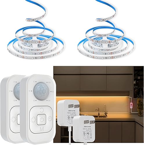 Luces para debajo del gabinete, tira de luces LED con sensor de movimiento enchufable para interiores con adaptador aprobado por UL FCC, atenuador y