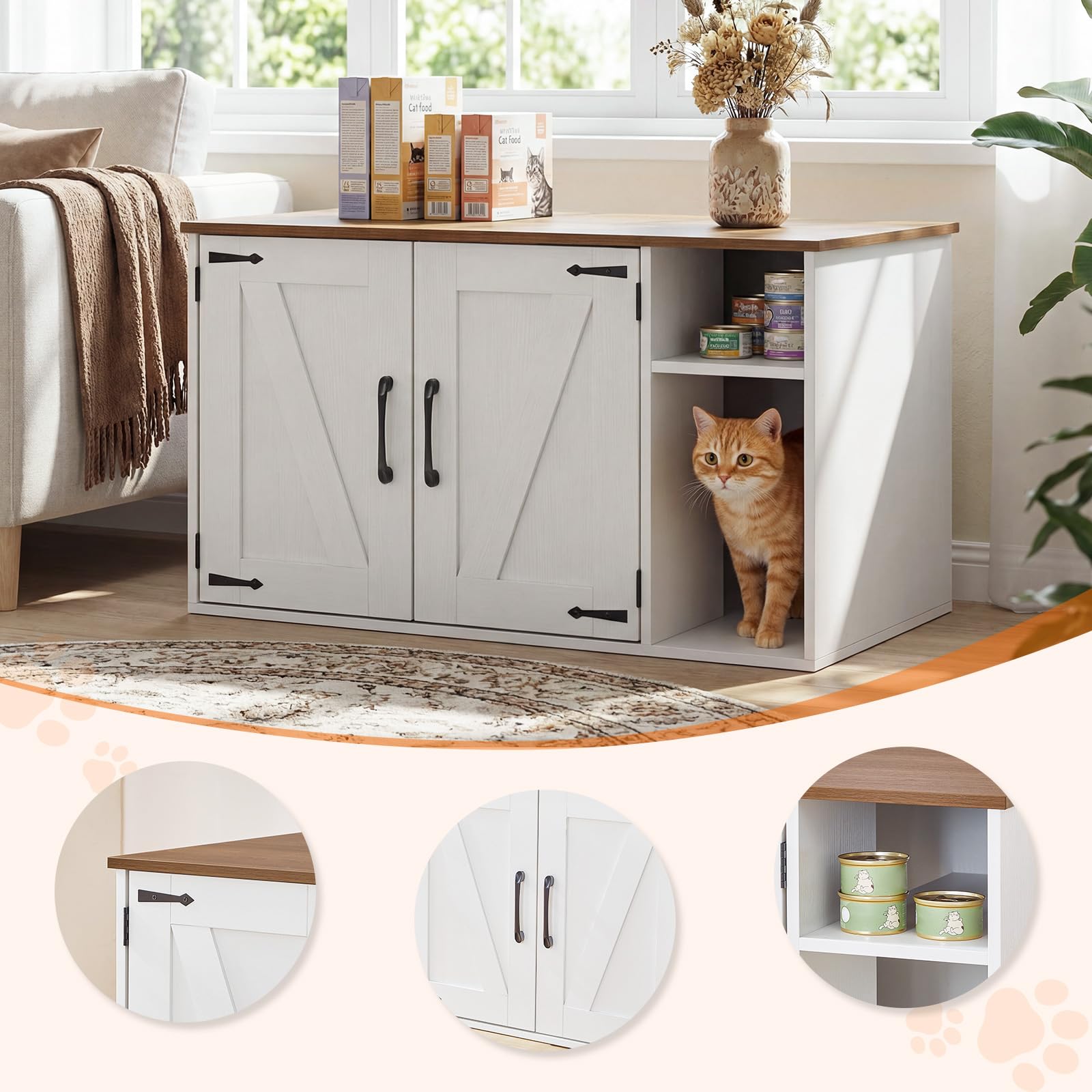 HOOBRO Mueble Arenero para Gatos Estilo Vintage, Caseta para Gatos Oculta, Caja para Mascotas, Mesa Auxiliar Multifuncional, Caja de Arena para Gatos Fácil de Montar, Blanco y Nogal EWH41MW01