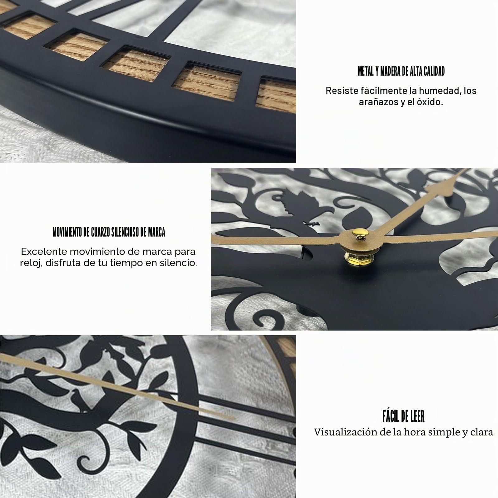 Reloj de Pared para Sala de Estar, Reloj de Pared Árbol de la Vida | Silencioso Sin Tic Tac a Pilas, Estilo Granja Moderna para Decoración de Cocina Baño y Hogar(60cm)