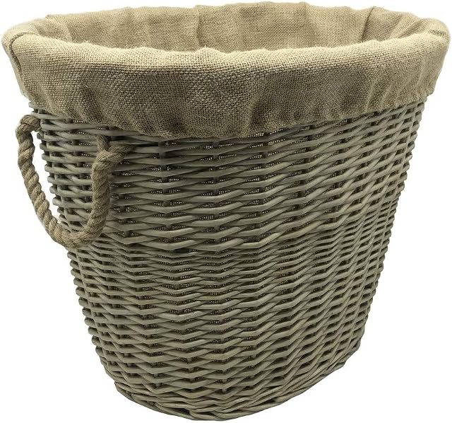 JVL Antiques Wash Canvas Lined Oval Log Basket with Rope Handles, 46 x 57 x 46 cm