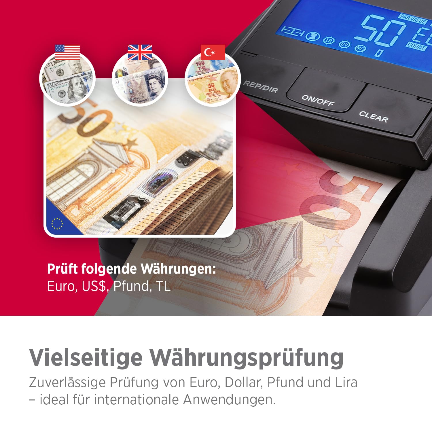 Olympia NC 375 Geldprüfgerät | Geldscheinprüfer mit IR, MG, UV Sensoren | Geldzähler für Euro, Dollar, Pfund | Falschgeld Prüfer | Hohe Prüfgeschwindigkeit | Geldprüfgerät für Scheine | LCD Display