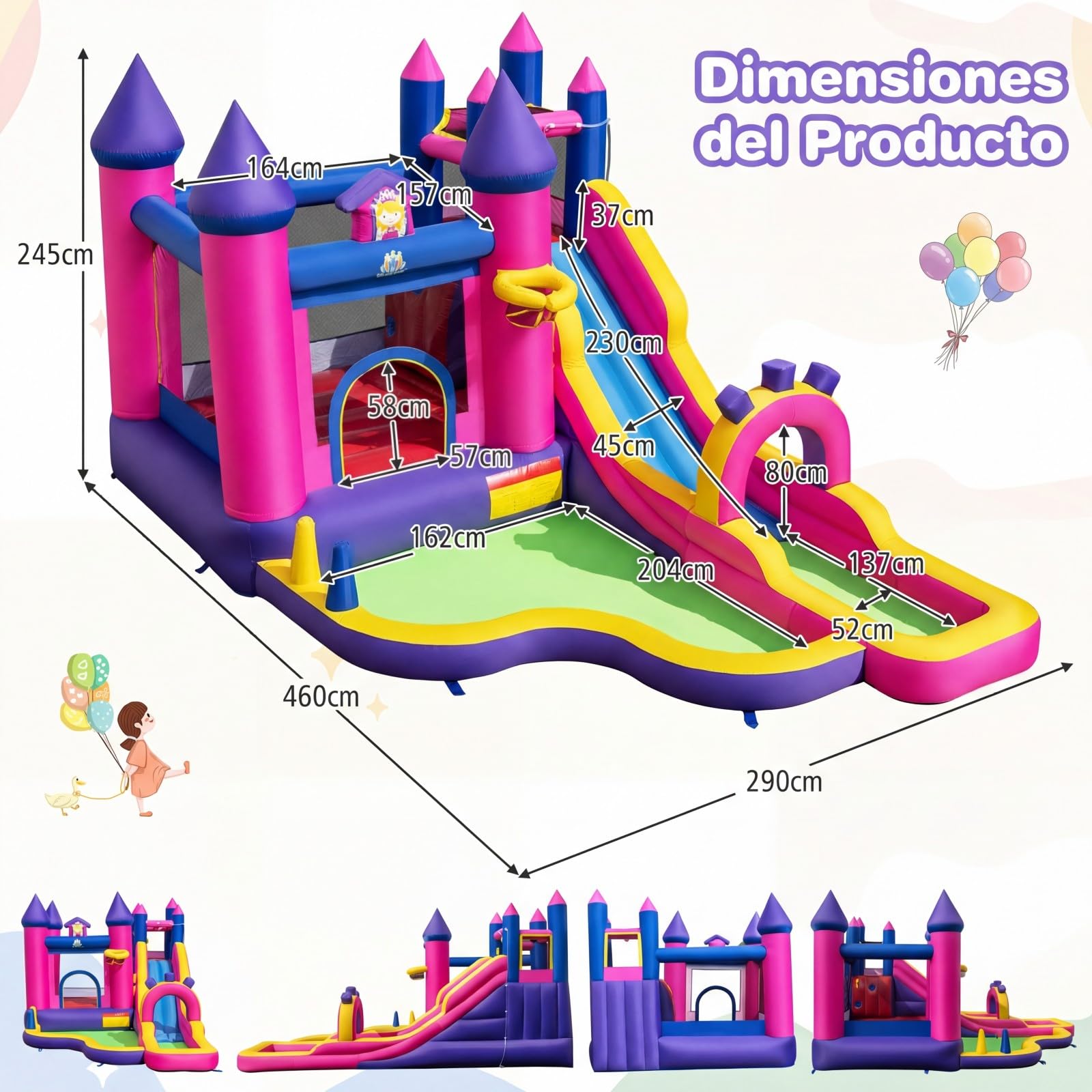 COSTWAY Castillo Hinchable para Niños, Parque Infantil Acuático Tema de Princesas con Tobogán Largo, Canasta de Baloncesto, insuflavel criança para Niños, Jardín, Césped, 460x290x245 cm (sin Soplador)