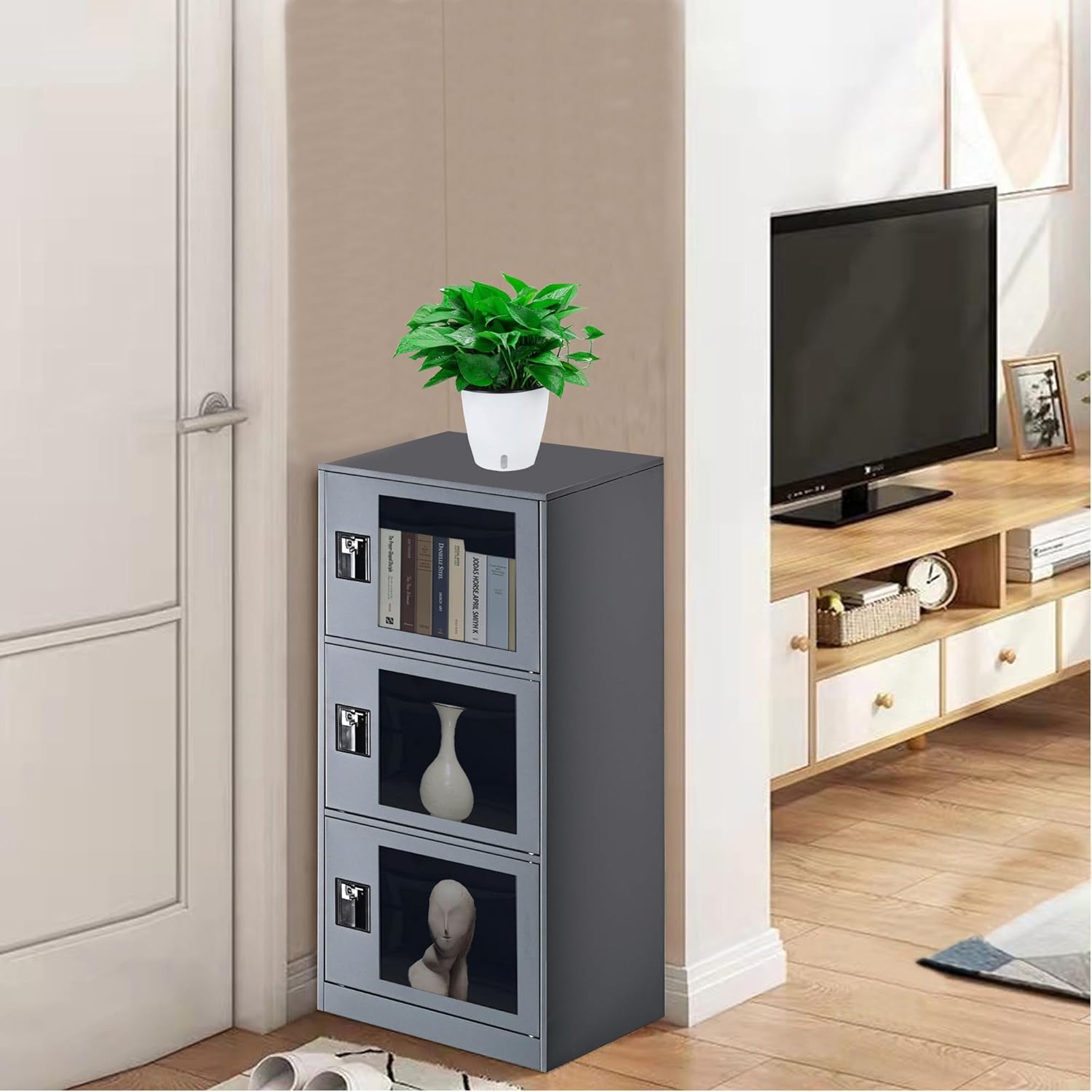 MECOLOR Small Storage Cabinet Locker with Padlock Latch, Office Filing Cabinet with 3 Doors, Locking Storage Organzier for Bedroom, Corner Storage Cabinet for Livingroom, Gym (Gray, G3D)