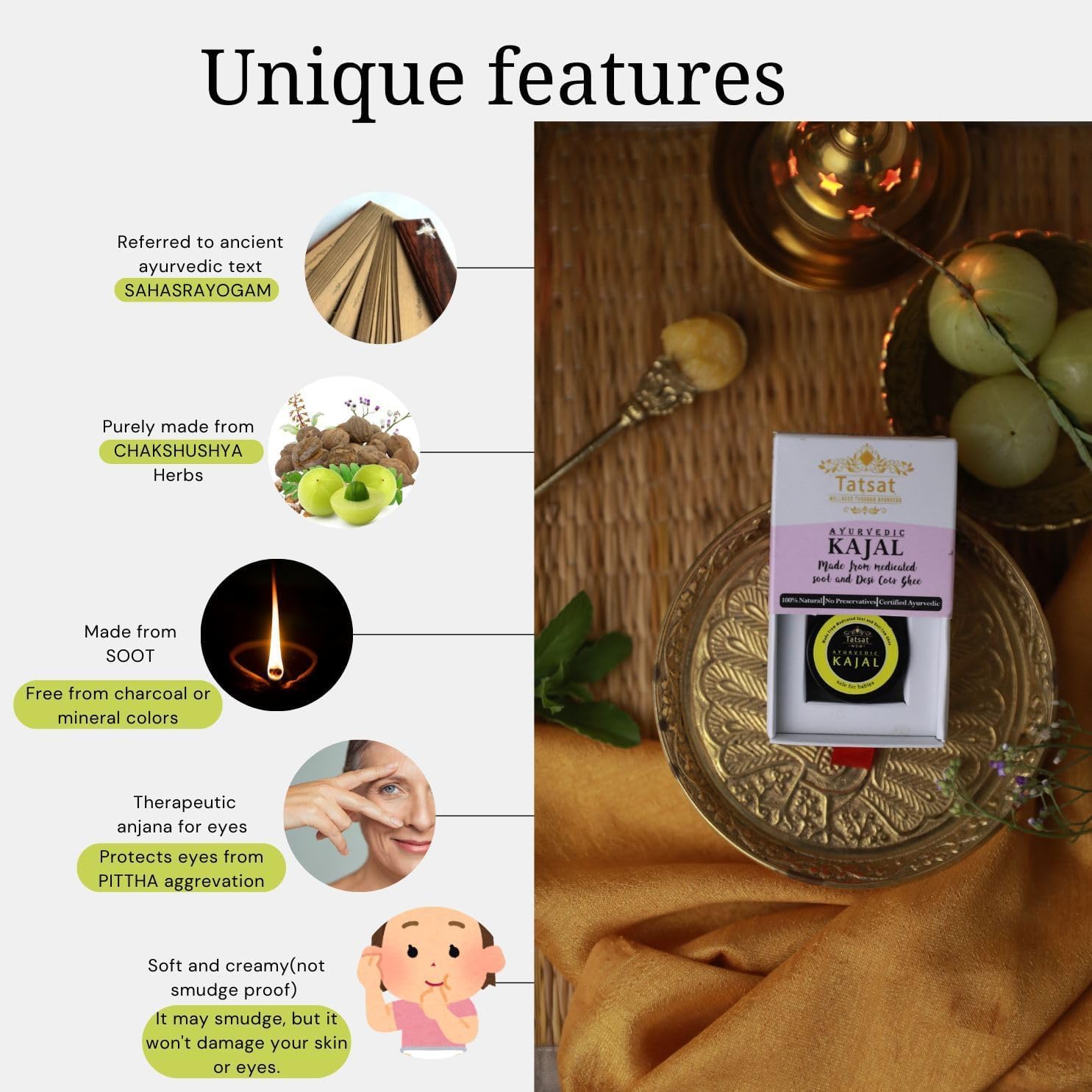 TATSAT - WELLNESS THROUGH AYURVEDA BABY Kajal z czystymi ziołami, sadzą leczniczą i krową ghee Desi, bezpieczny dla niemowląt, przetestowany laboratoryjnie, bez konserwantów