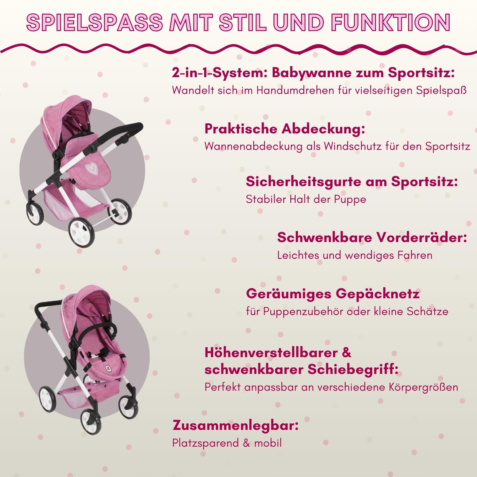 Bayer Chic 2000 2 w 1 wózek dla lalek Mila – dżinsy różowe – uchwyt z regulacją wysokości 39-72 cm – nowoczesny stelaż – lalki do 50 cm – 3-7 J.