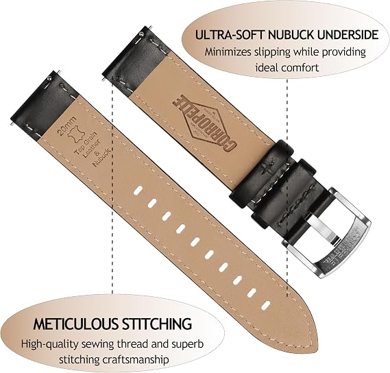 Leather Watch Straps Quick Release, Elegant Top Grain Leather Watch Strap Bands Replacement for Men and Women, Watches and Smartwatch, Choice of Width 18mm 19mm 20mm 21mm 22mm
