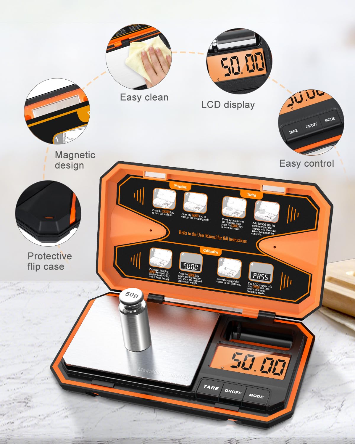 Báscula digital de bolsillo de 500 g, mini báscula digital de gramos con peso de calibración de 50 g