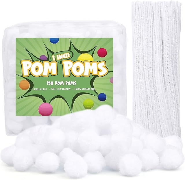 BUTUZE 100Pcs Pipe Cleaners, 150Pcs Pom Poms, 1 Inch Pom Poms, Puff Balls in Reusable Zipper Bag, Perfect for Puff Balls Kids' Art, Craft Projects, Creative Crafts Decoration - White