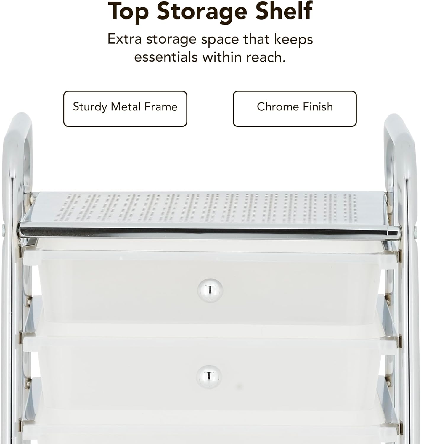 Display By Jack Rolling Storage Cart 10 Drawer Organizer with White Drawers, Slim 36" Chrome Frame, Locking Wheels, and Top Shelf for Office, Classroom, Bathroom, or Craft Storage