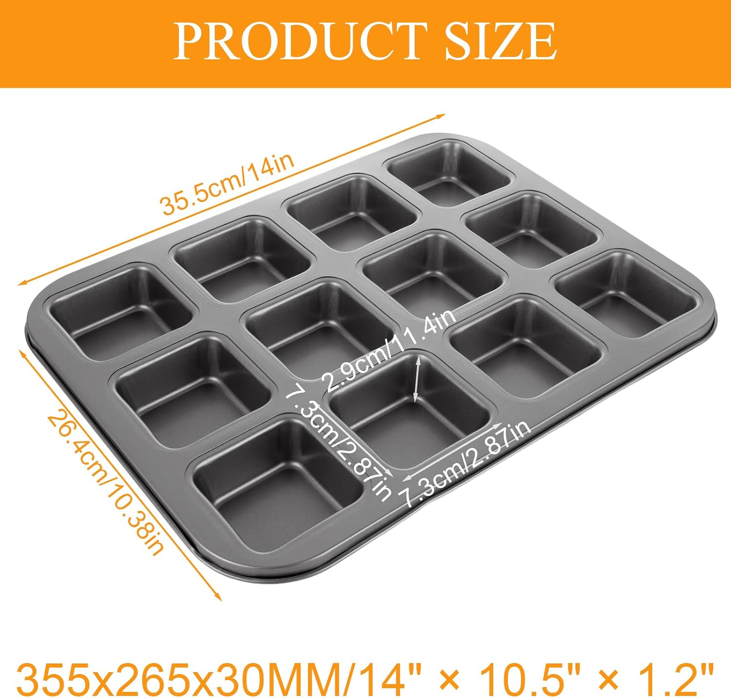 3 Pcs 12-Cavity Brownie Pan with Dividers, 14" × 10.5" × 1.2" Non-Stick All Edges Cupcake Pan, Black Carbon Steel Square Muffin Pan for Oven Baking