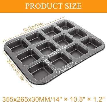 3 Pcs 12-Cavity Brownie Pan with Dividers, 14 10.5 1.2 Non-Stick All Edges Cupcake Pan, Black Carbon Steel Square Muffin Pan for Oven Baking