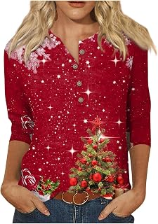 KEXIMIXUE Ugly Christmas Sweater for Women Cute Three Quarter Sleeve Plus Size Tshirt Ladies Cool Holiday Homewear Peplu Henley Snowflake Cozy Blouse Ladies