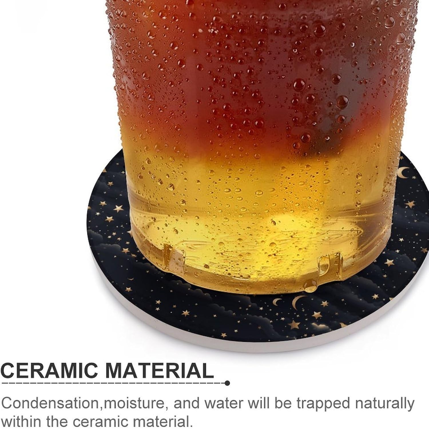 6PCS Stars and Moon on Dark Background Coasters Non-Slip Round Drink Coasters with Ceramic Stone and Cork Base, Heat Resistant Absorbent 33.00Stone Coaster Set for Kinds of Mugs and Cups, 4 Inch