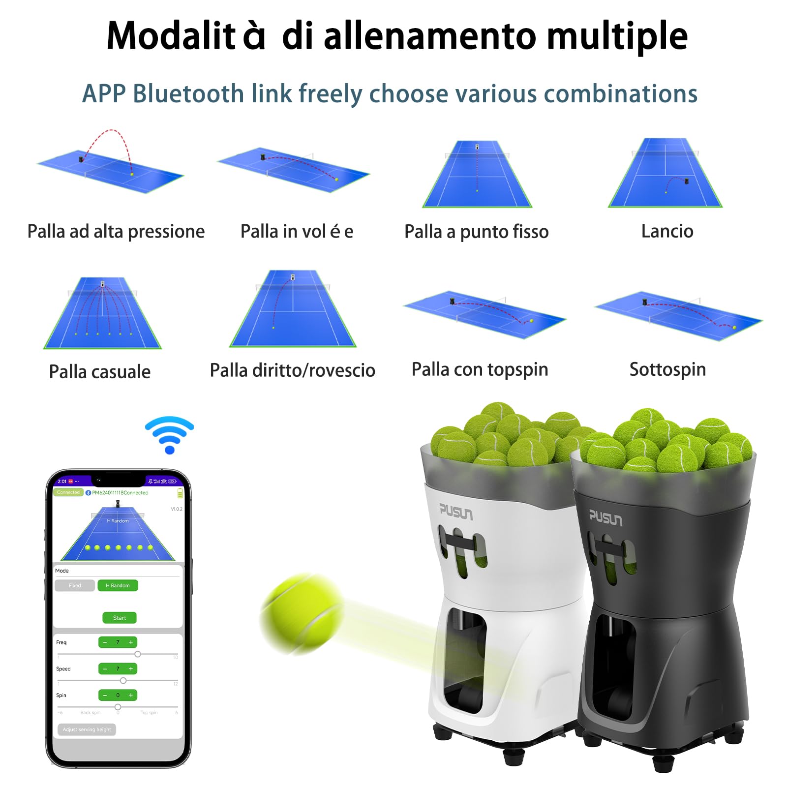 PUSUN PT-Mini PRO Macchina Lanciapalle Tennis Compatta con App, 65+ Palline, 8-60 km/h, Batteria 3-5 Ore, Ideale per Principianti, Scuole e Allenamento Indoor