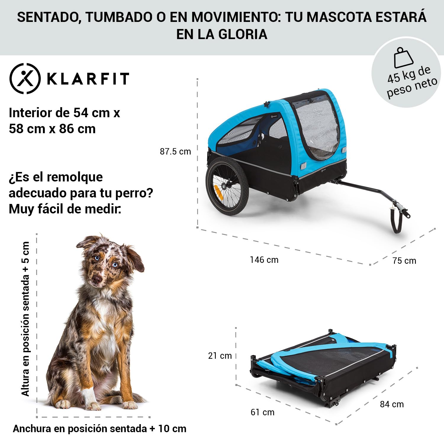 Klarfit Husky City Carrito para Perros Bicicleta, Silla Ruedas, Remolque Bicicleta Lona Oxford 600D, Reflectores, Bandera de Advertencia y Correa Seguridad, Pequeños/Medianos, 250L, 45kg MAX.