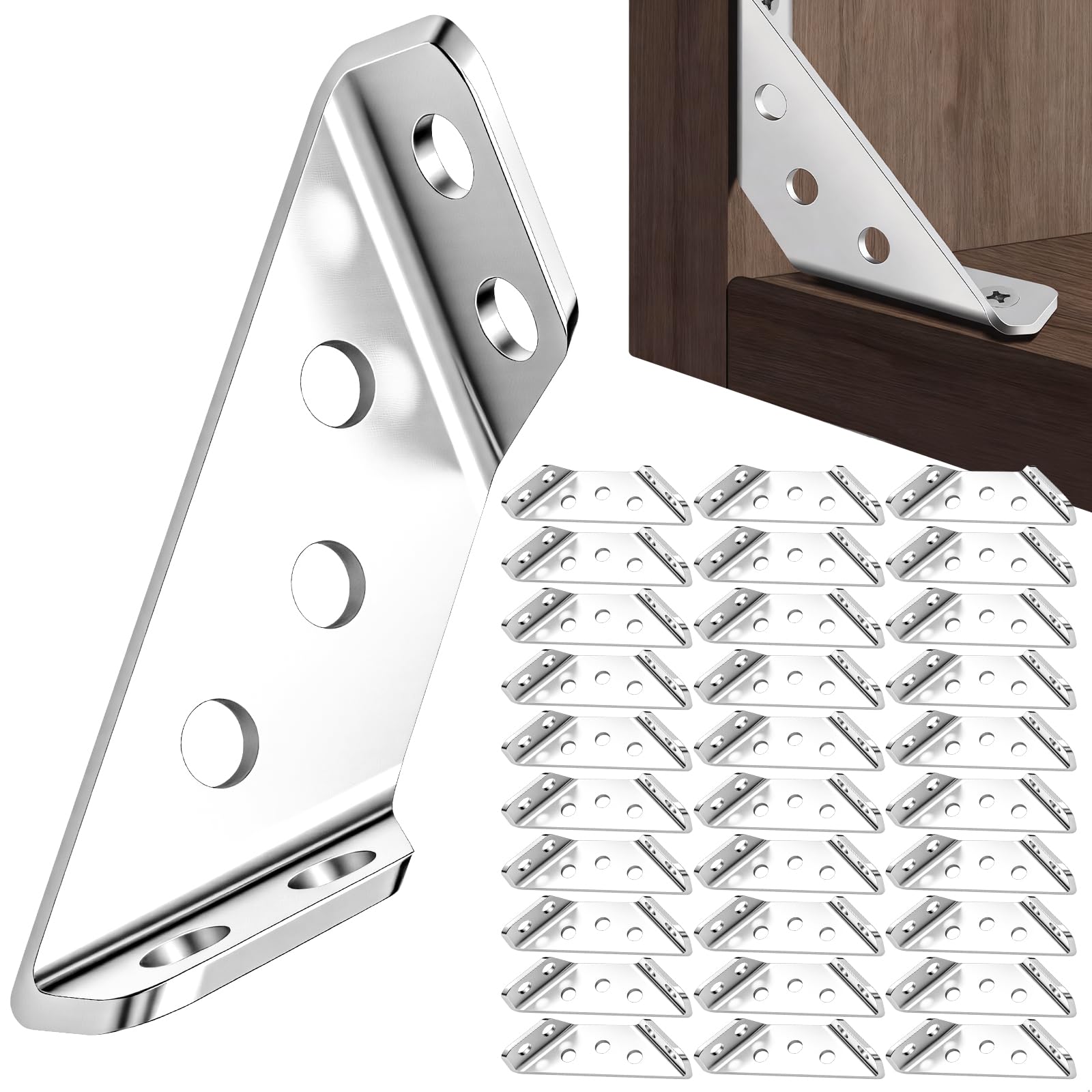 Staffe Angolari, Angolari Metallo per Legno e Staffe Angolari per Legno con Viti 30 Pezzi, Rinforzi Triangolari per Scaffale Armadio Tavolo Sedia Scrivania, Staffe in Acciaio Inox