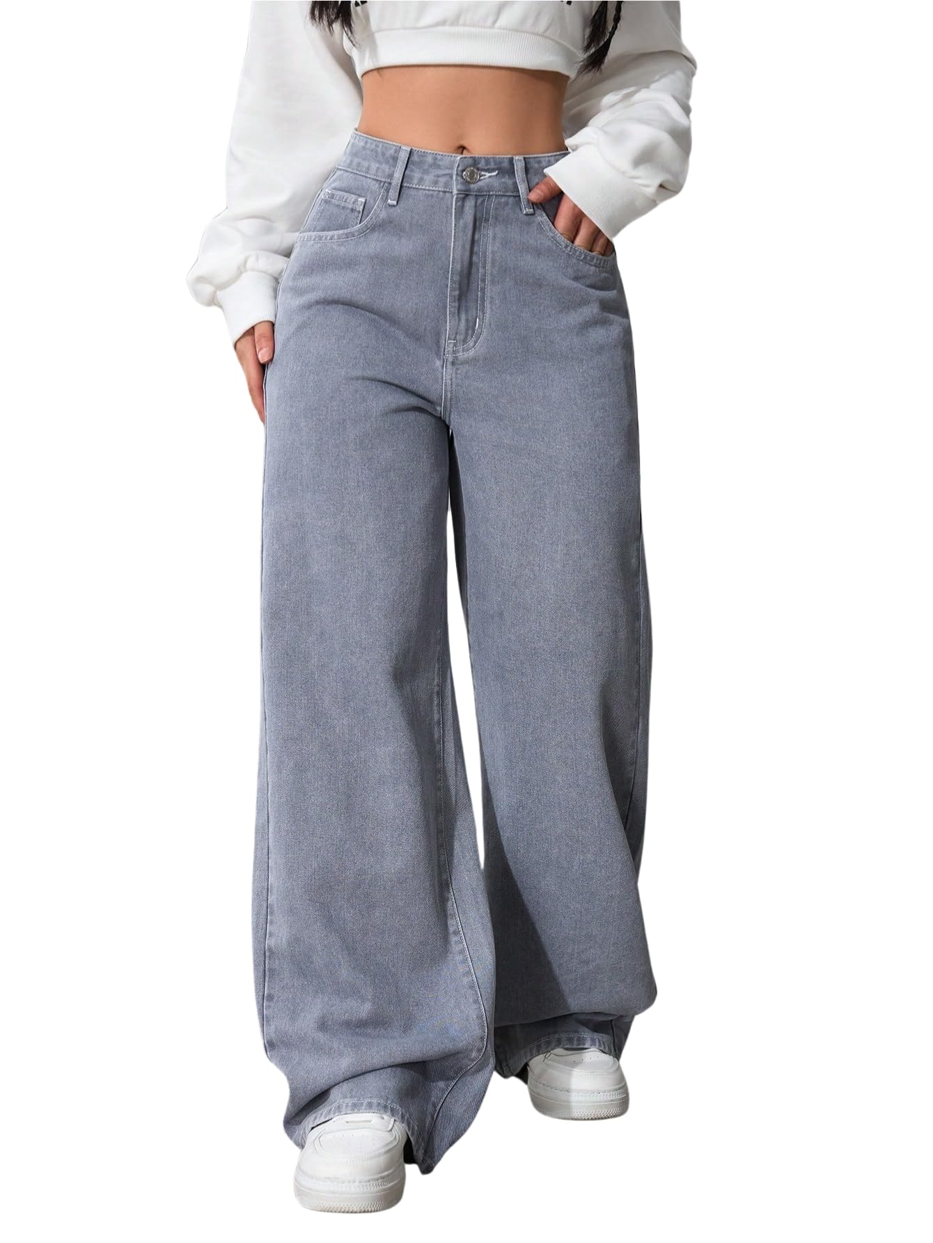 Fashion Grey High Waist Straight Fit Jeans for Women Stretchable Wide Leg Denim Jeans (WJ-S8-$)-image-31