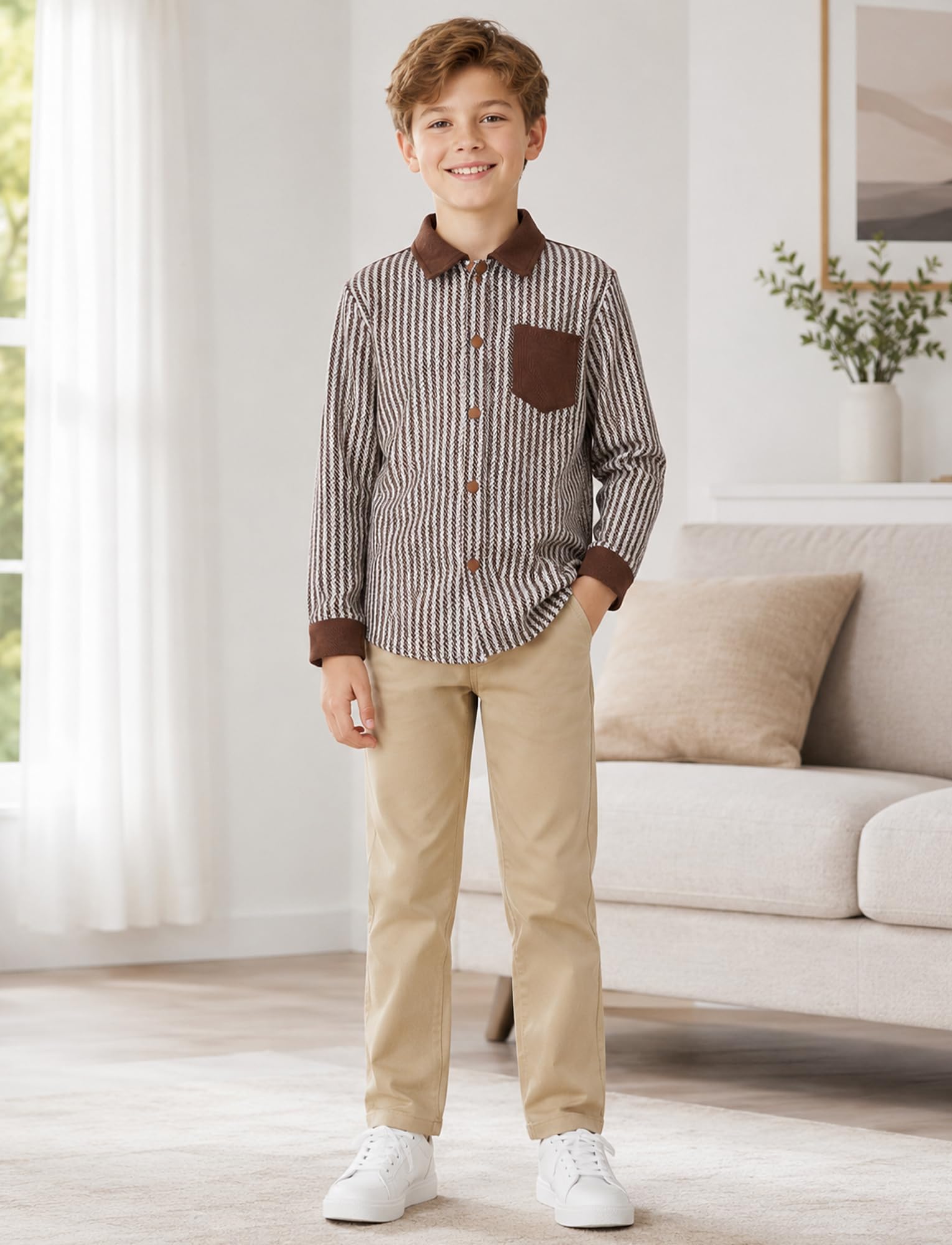 Camicia per bambini a maniche lunghe, a righe, con bottoni, casual, per primavera e autunno, 3-12 anni