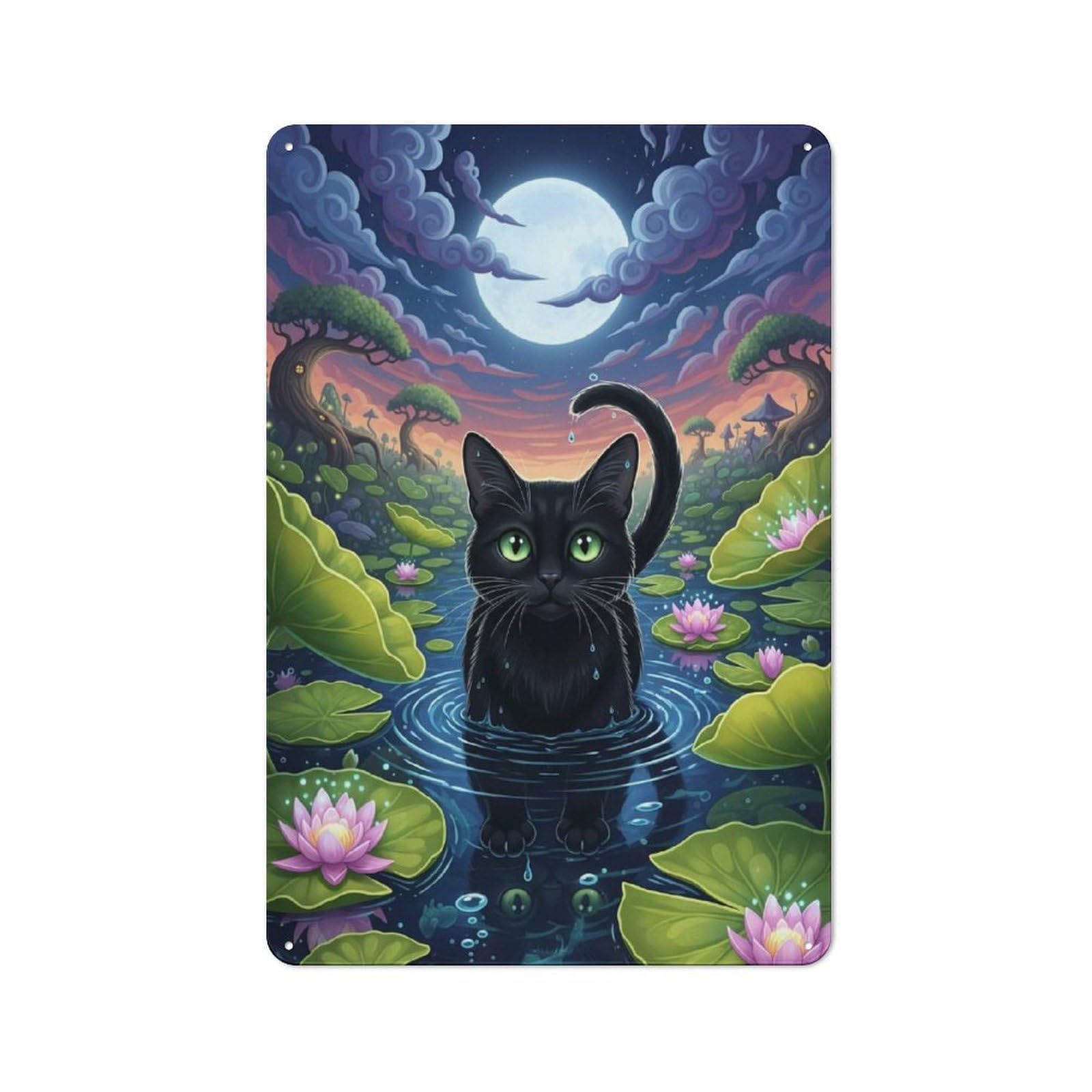 Junmoney Black Cat In Lily Pond 30X20cm Retro Tin Sign With For Dining Room Or Kitchen, For Metal Sign Collectors, For Garage And Workshop Walls