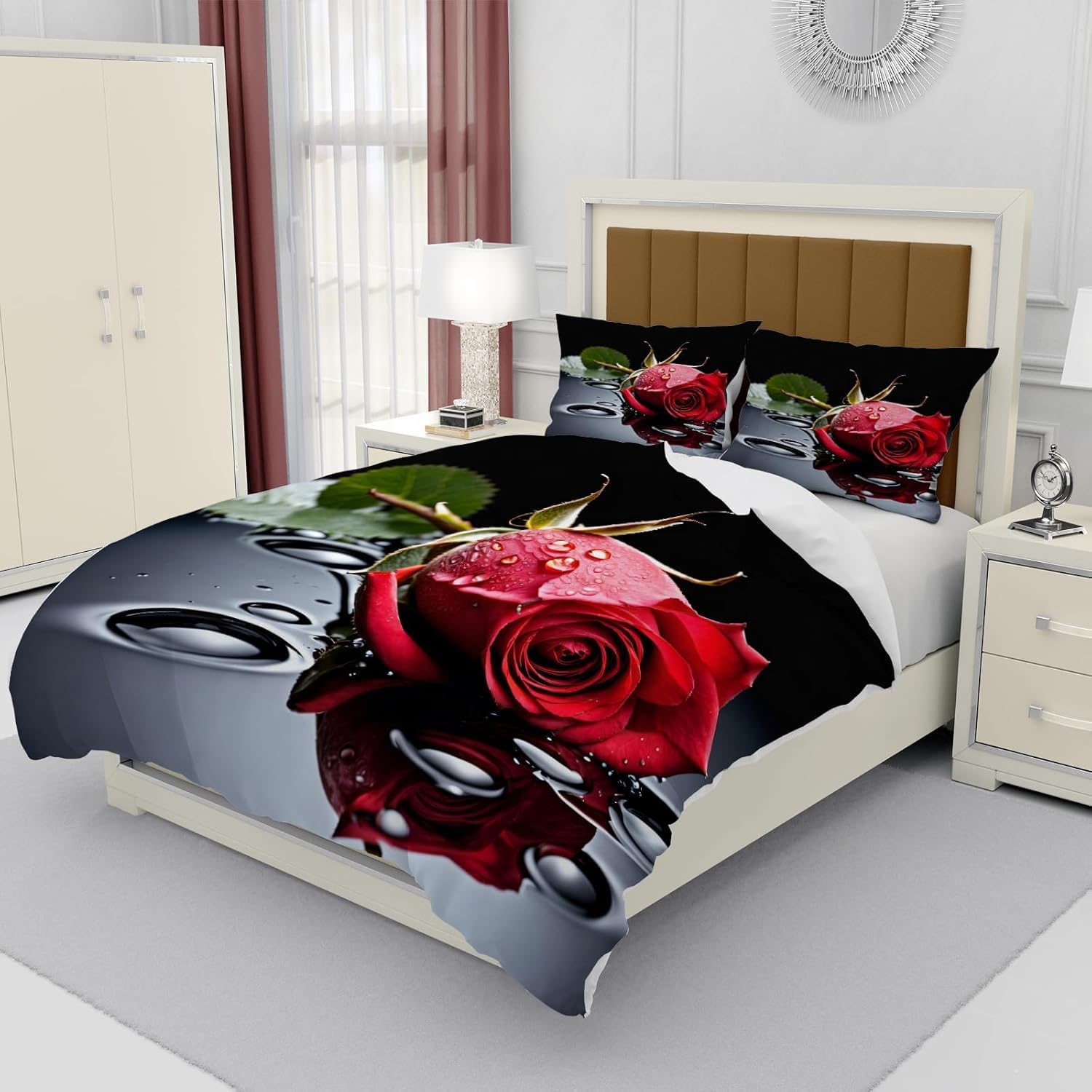 Komplet pościeli 220 x 240 cm, czerwone róże, miękka pościel z mikrofibry, druk 3D, piękne kwiaty, 3-częściowy, poszwa na kołdrę z zamkiem błyskawicznym i 2 poszewki na poduszkę 80 x 80 cm, g 5910