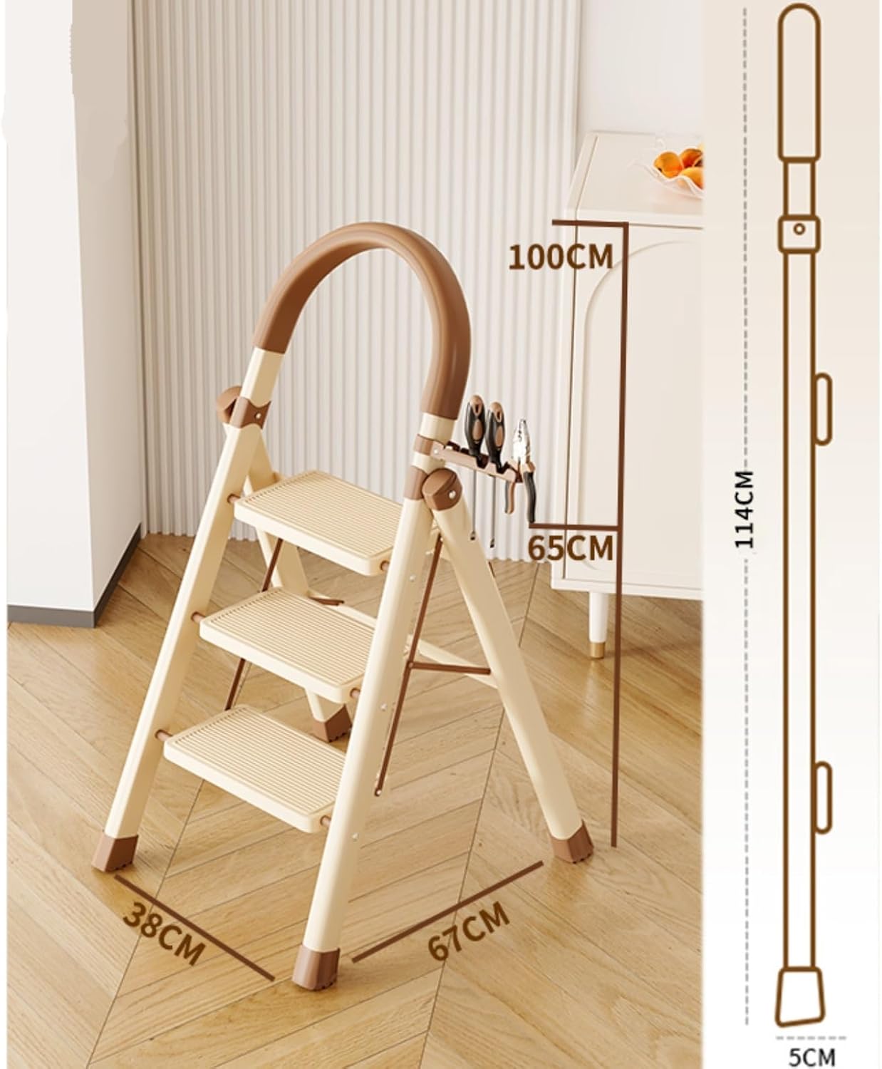 Attic Ladders 3/4/5-Step Folding Ladder, Non-Slip Step Stool, Household Lightweight Step Ladder for Kitchen, Office, and Home(Beige,3 Step)