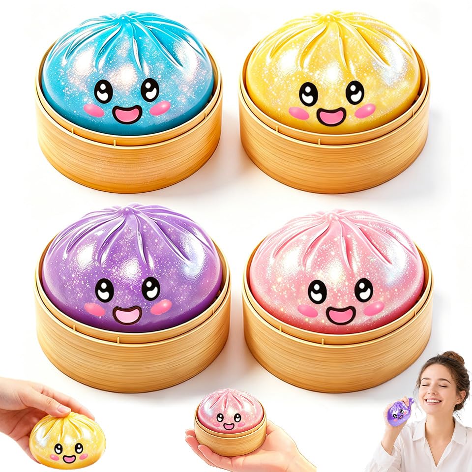Giant Dumpling Squishys, 4PCS Squishy Dumpling Toy, Soft Squeeze Sensory Toys for Stress Relief and Anxiety, Glitter Mystery Dumplings Squishy Fidget Toys For Relaxation Home Office Adult Kids