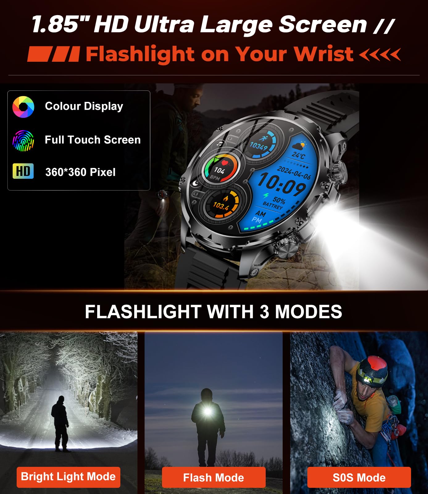 Montre intelligente pour homme - Répondre/passer des appels - Grande batterie de 4,70 cm - HD - Grand cadran rond - Pour iOS et Android - Tracker de fitness - Lampe de poche, fréquence