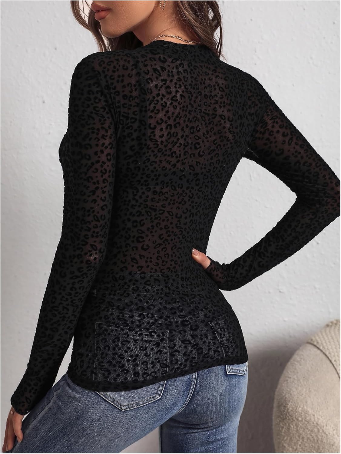 GORGLITTER Women's Mesh Leopard Print Tops Fall Y2K Sexy Long Sleeve Crew Neck See Through Fitted Going Out Tops Trendy - Image 2