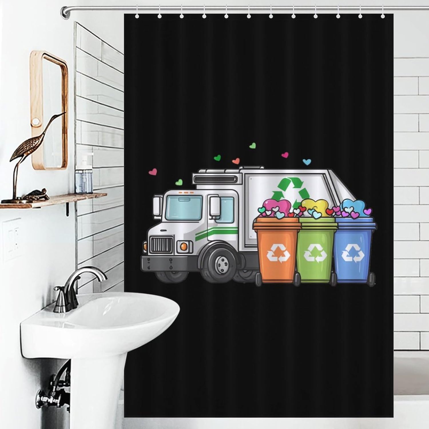 Garbage Truck Trash Can with Load of Love Shower Curtain 46.85x70.87Inch（119x180cm） Polyester Bath Curtain Shower Curtains Printed Decorative