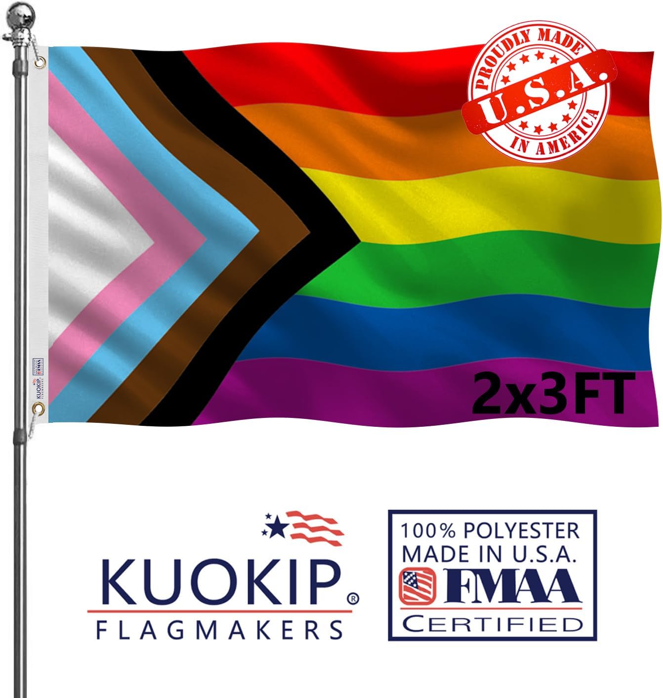 Double Sided Inclusive Progress Pride Rainbow Flag 2x3 Made in USA Outdoor Heavy Duty 3 Ply Nylon LGBTQ Rainbow Flags with White Starting Tape and 2 Brass Grommets