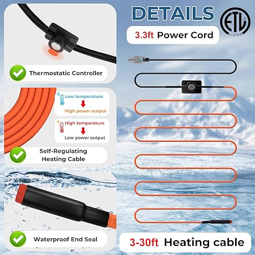 Miniatura 3 de Cinta de calor de 15 pies para tuberías de agua protección contra congelación IP65 impermeable 7WFT 110V BDDFOTO tubo de agua cable de calor con